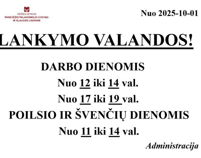 Primename: nuo 2025-10-01 keičiasi pacientų lankymo valandos